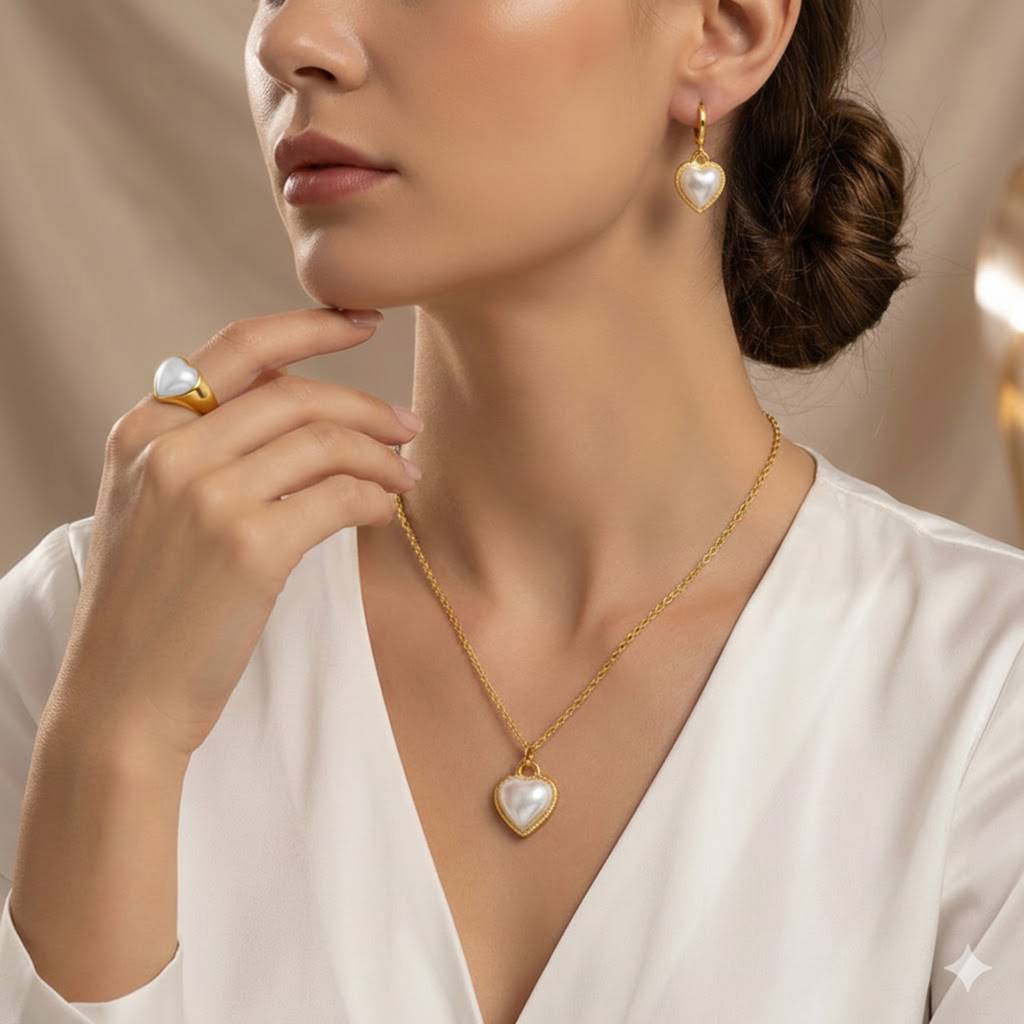 Pearl Studded Heart Shape Pendant Chain Earrings Ring Set Fashion Jewellery For Women & Girls : PX9PS60GW