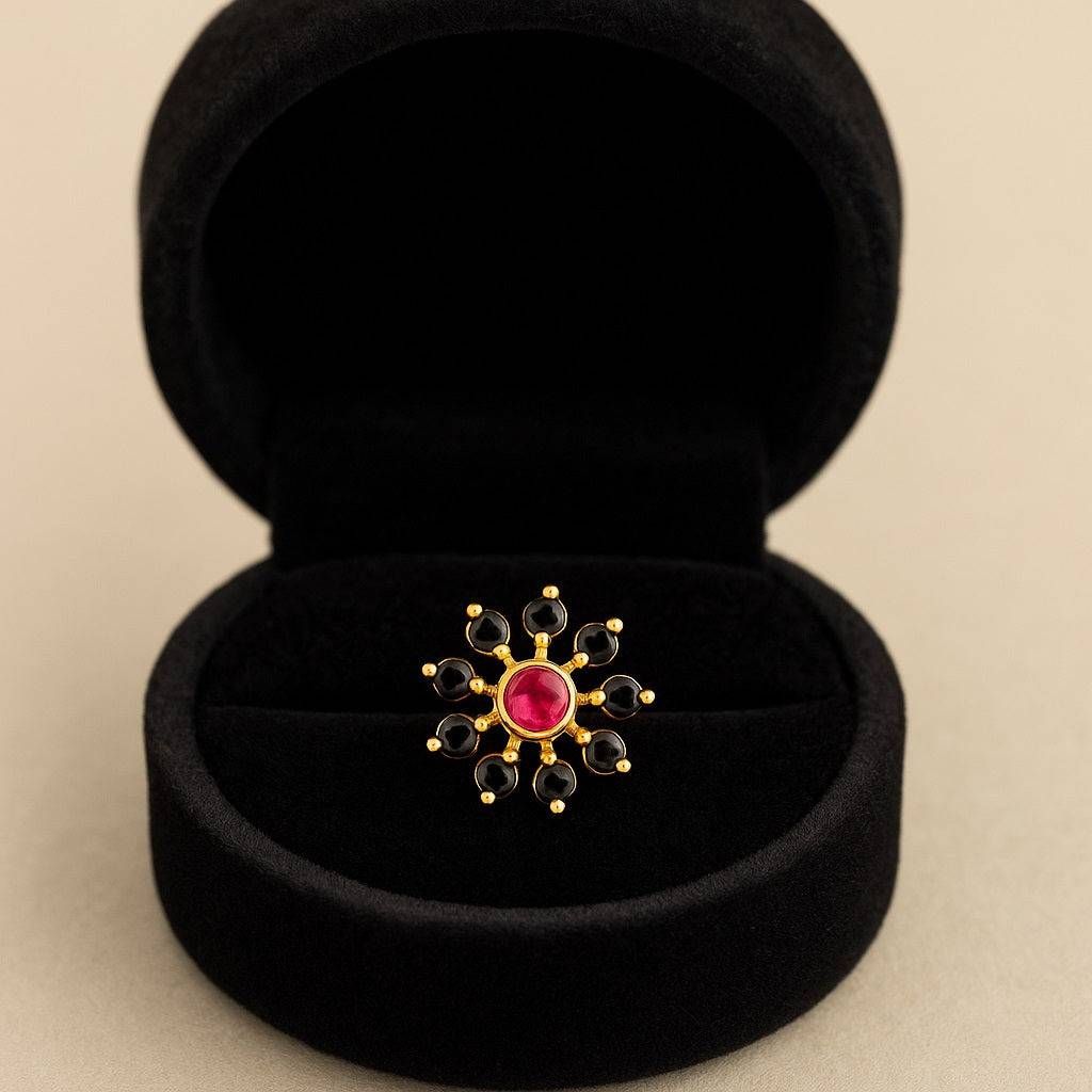 Red Cz & Black Spinel Style Cluster Floral Nose Pin - Gold Plated Sterling Silver : NP-00030_925S_W_RCZ
