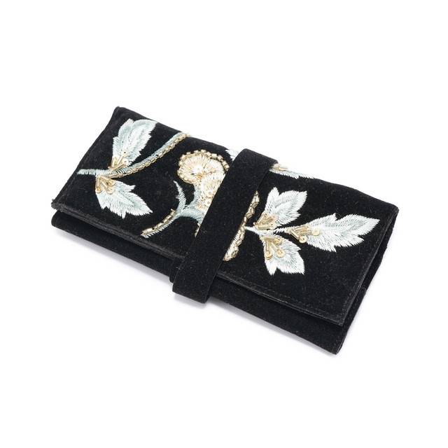 Handmade Embroidered Jewelry Storage Roll, Black Suede Fabric With Bugle Beads And Sequin Work : LM1031-Blk