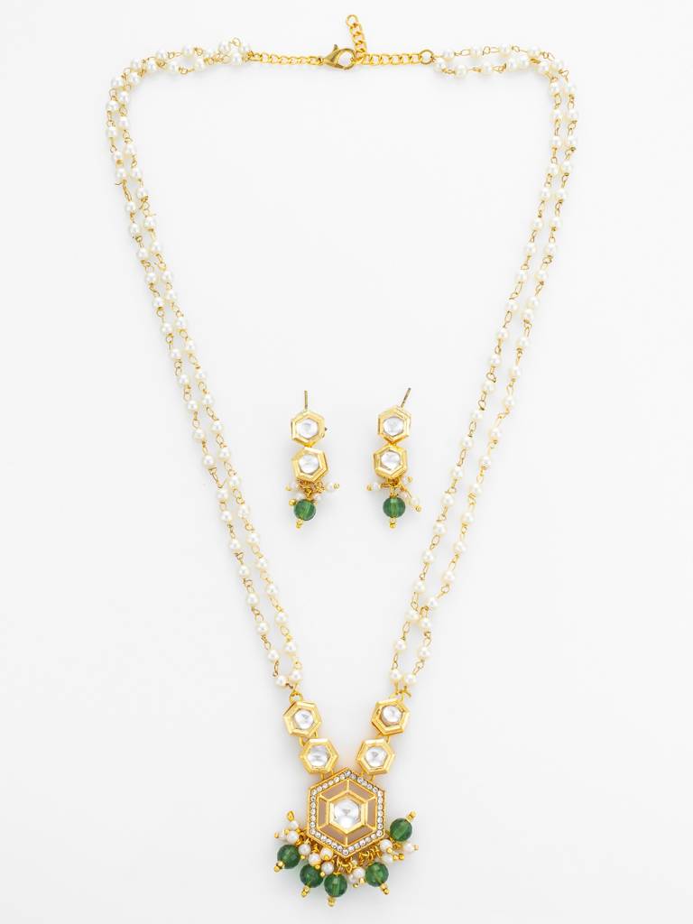 Long Pearl Strand Hexagonal Necklace Set : NK4850