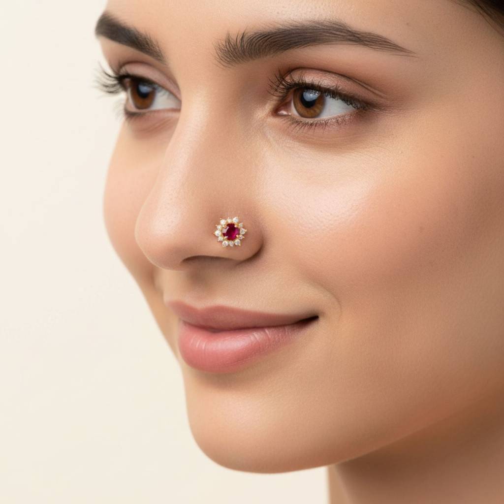 Red Cz Halo Floral Design Nose Pin 925 Sterling Silver Gold Plated : NP-00286