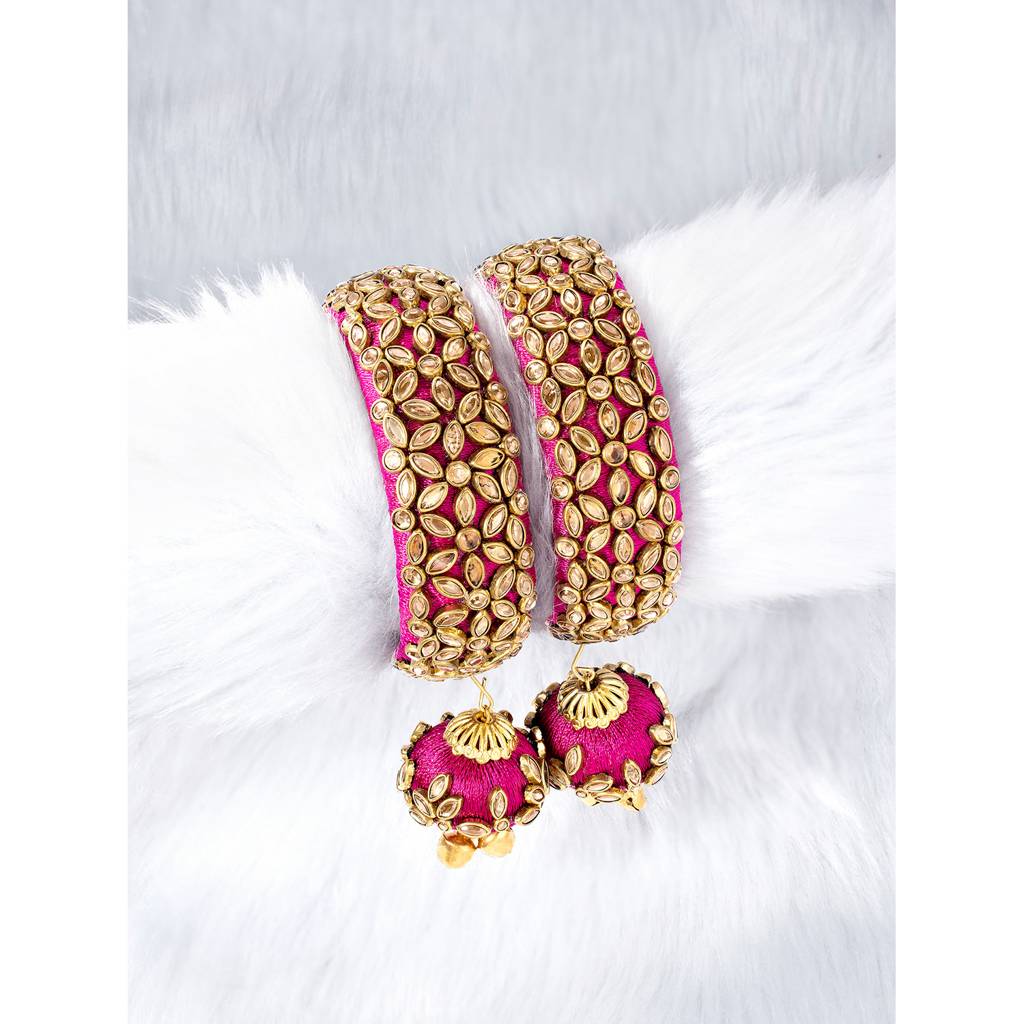 Peora Silk Thread Crystal Design With Dangling Jhumki Chuda Chura Bangle Set For Women : PF51B72RP