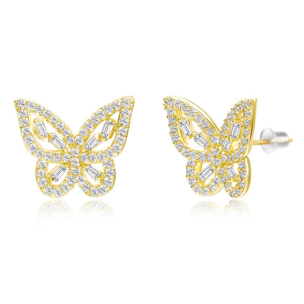 Butterfly Style Cz & Baguette Stone Stud Earrings Jewellery Gift For Women : PF68E337G