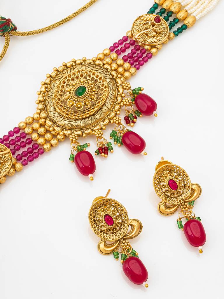 Wedding Special Antique Gold-Plated Choker Necklace Set With Earrings With Emerald And Pearl : NK4202