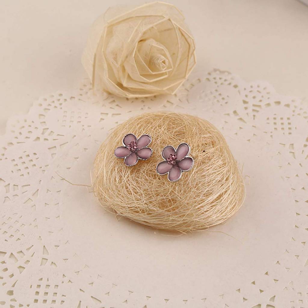 925 Silver Plated Pink Flower Stud Earrings : PX8E63