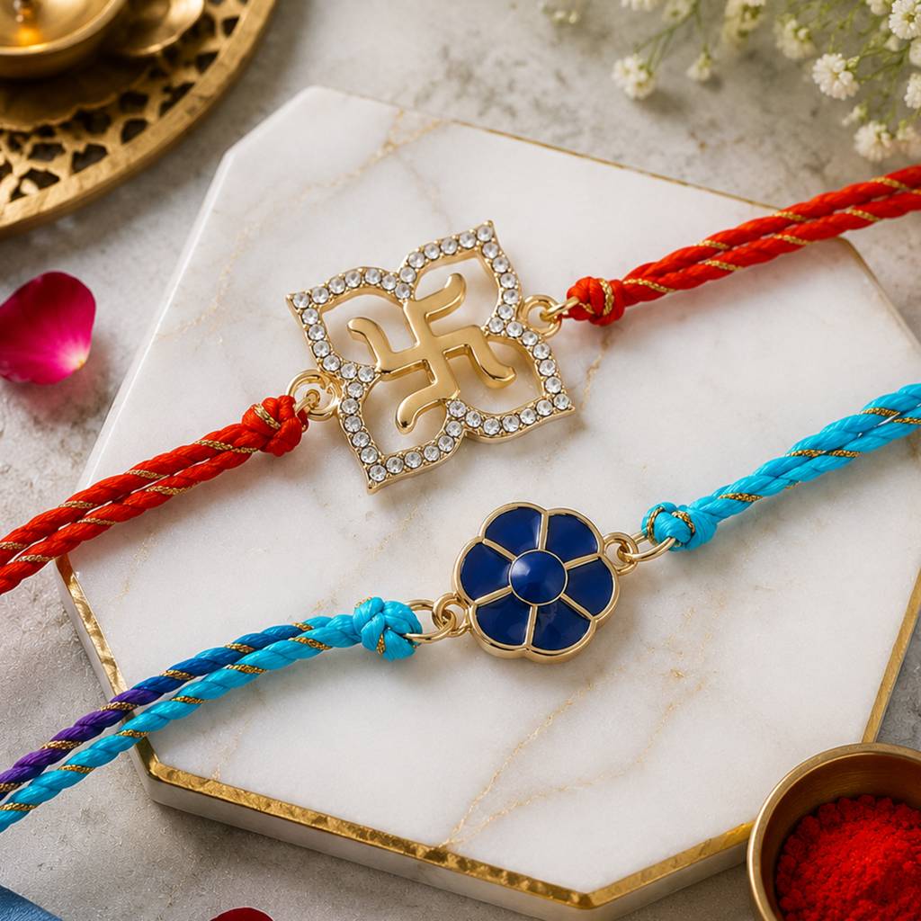 Gold Plated Blistering & Holy Swastika Bracelet With Austrian Crystals And Fancy Silk Thread (Combo Of 2) : COMBO-226-RAKHI