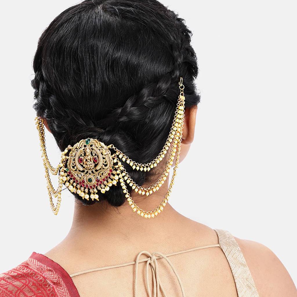 Ethnic Layered Hair Juda Pin For Women & Girls Gold Plated Faux Emerald Ruby & Lariya Studded Festive Bridal Jew : PF47HJ05RPG