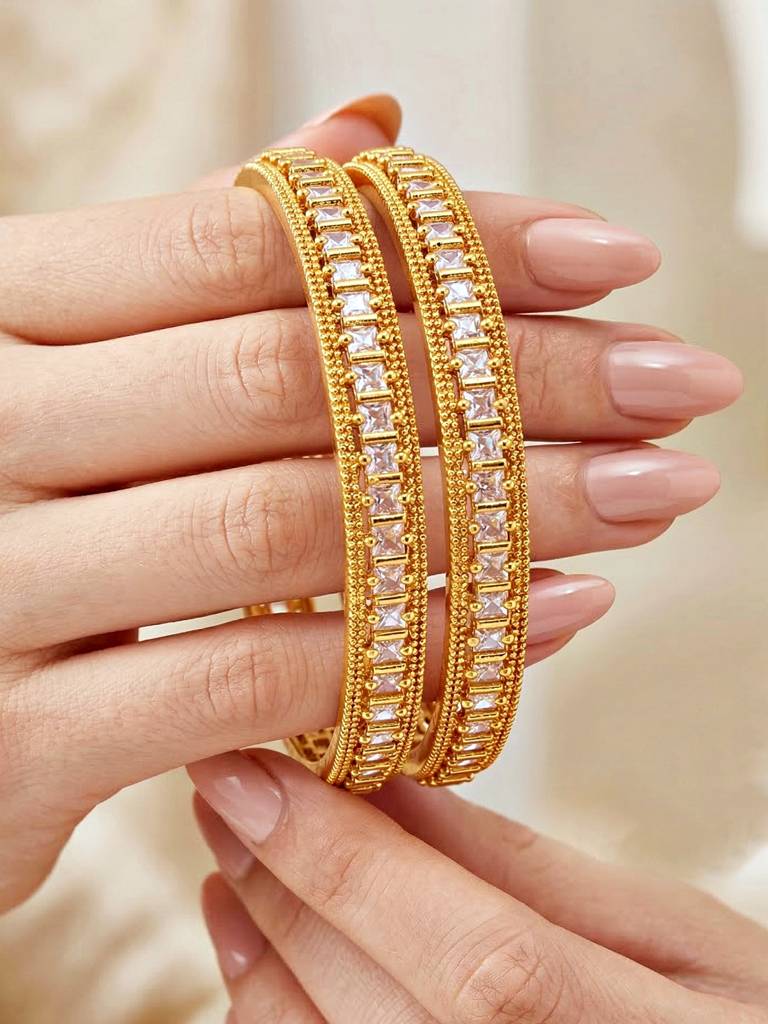 Gold Plated Temple Style White Ad Stone Bangle For Women | Elegant Ethnic Wedding Festive Kada Jewellery : 891-C1BG-2211-2-24