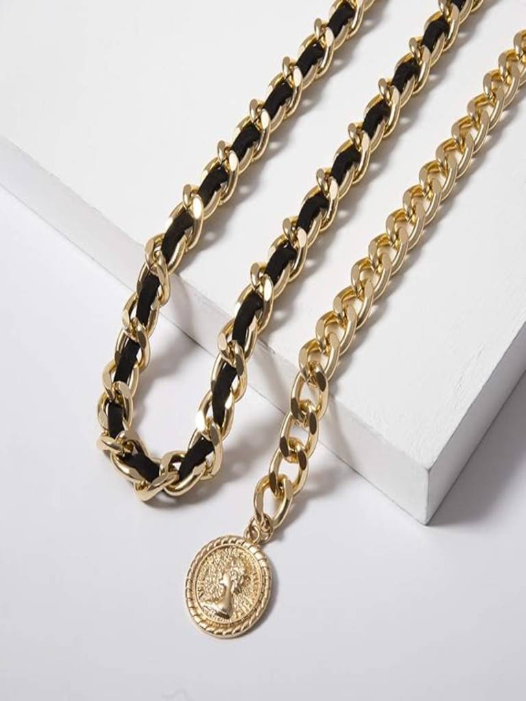 Gold Plated Black Flannel Woven Chunky Metallic Waist Chain Hip Belt : ASX0421WC528