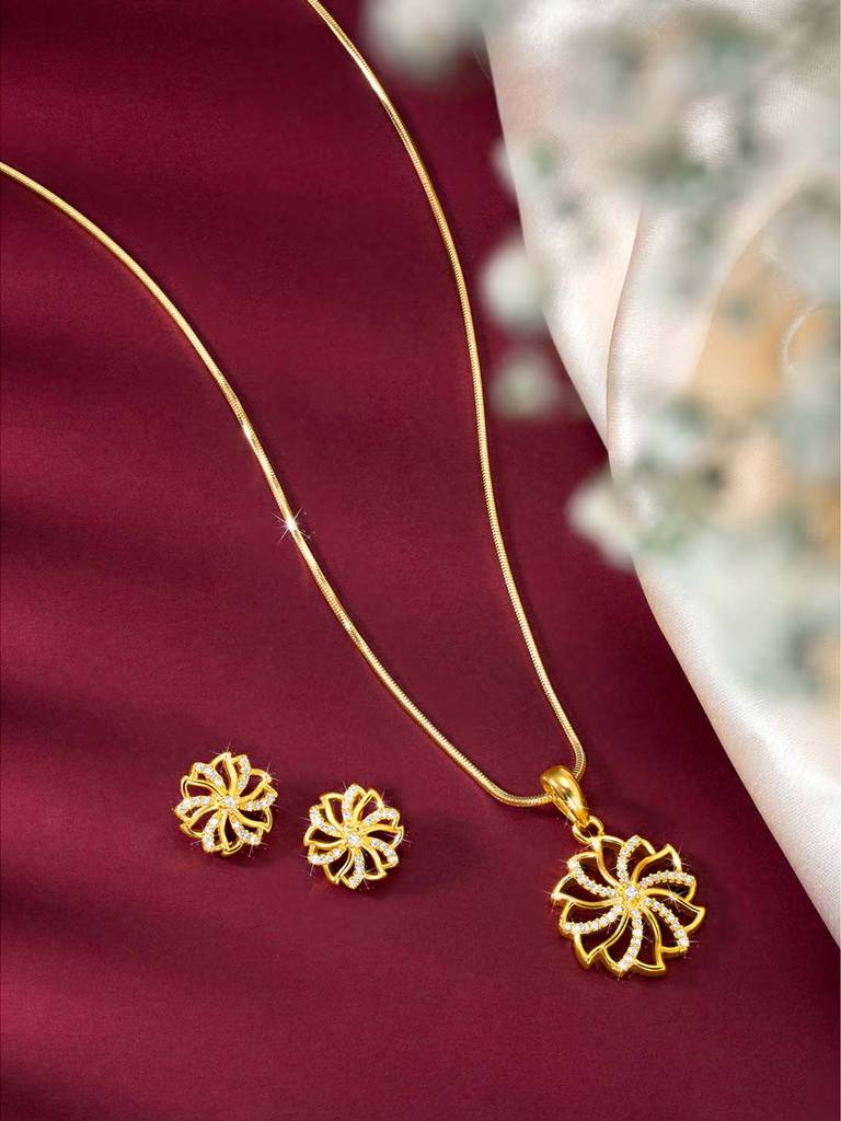 Peora Cubic Zirconia Studded Floral Pendant Chain & Stud Earrings Western Stylish Jewellery Set Gift For Women : PF54PS46G