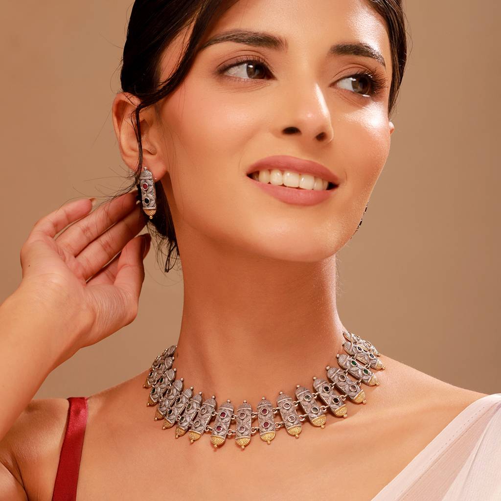 Oxidised Silver-Gold Choker Necklace & Earrings Temple Set - Antique Elegance : 8905124582772
