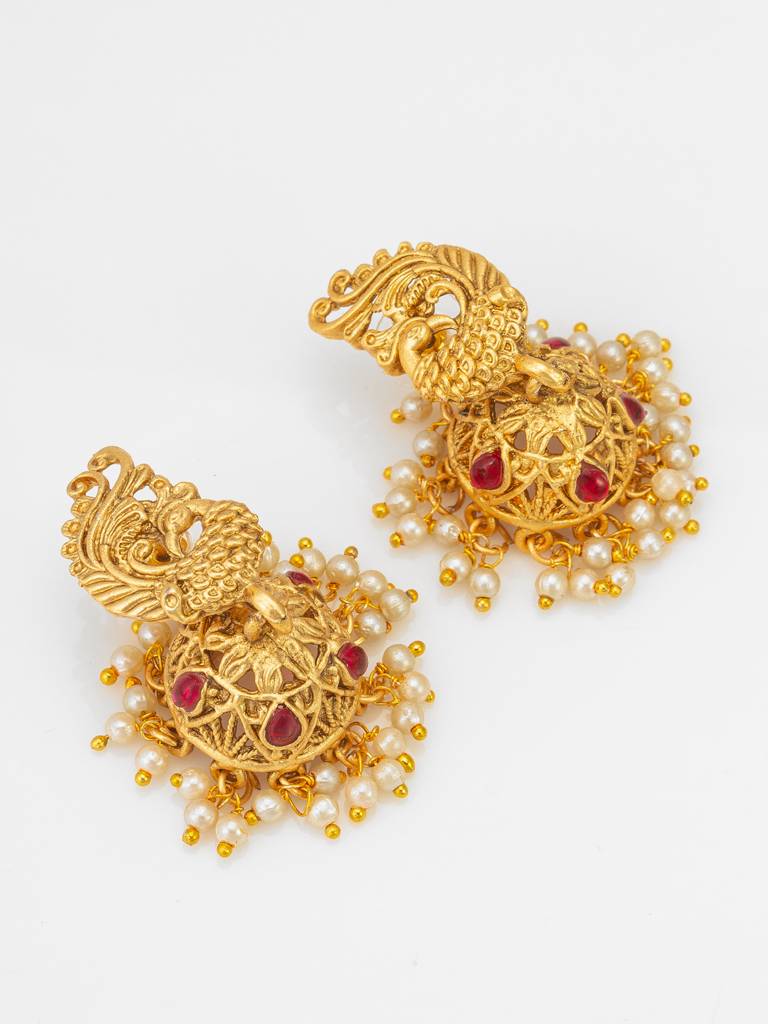 Nakshi Temple Long Rani Haar With Peacock Motif Pendant With Stones And Pearl Drop Earrings : NK4695