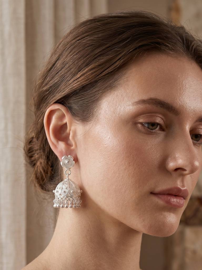 925 Silver Filigree Dome Jhumka Earrings For Women : E-26