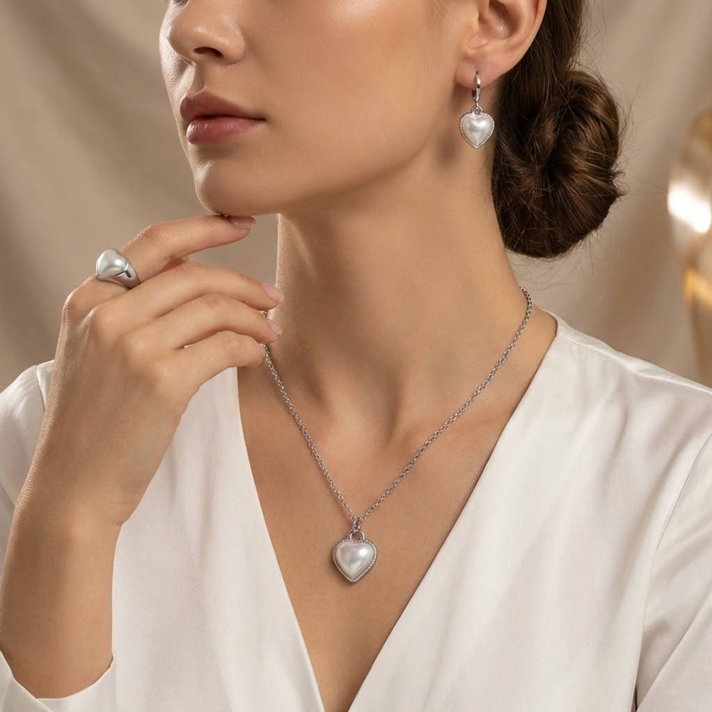 Pearl Studded Heart Shape Pendant Chain Earrings Ring Set Fashion Jewellery For Women & Girls : PX9PS60RW