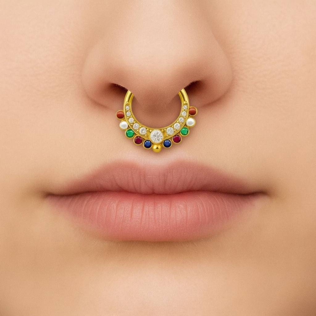 Navratna Multi Gemstone Crescent Design Septum Nose Pin 925 Sterling Silver Gold Plated : 0016-NP-snp-0066