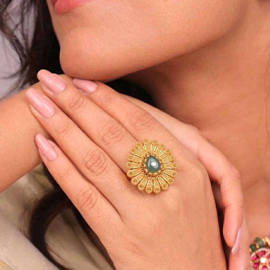 Ethnic Gold Plated Green Adjustable Traditional Finger Ring For Women : PF04R10G