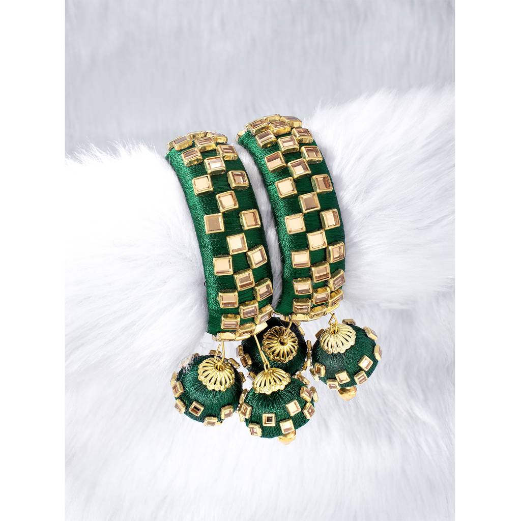 Peora Silk Thread Crystal Design With Dangling Jhumki Chuda Chura Bangle Set For Women : PF51B73G