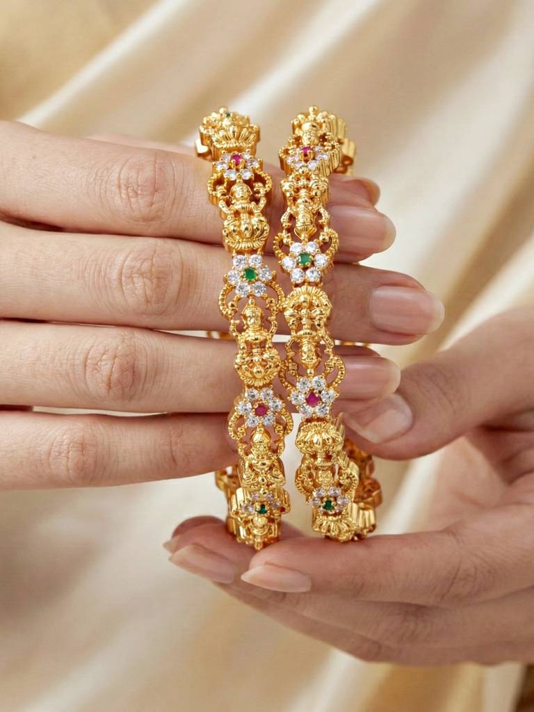 Gold Plated Laxmi Ji Temple Design Ad Bangle For Women With Pink & Green Stones | Traditional Bridal Ethn : 880-C1BG-2209-2-24