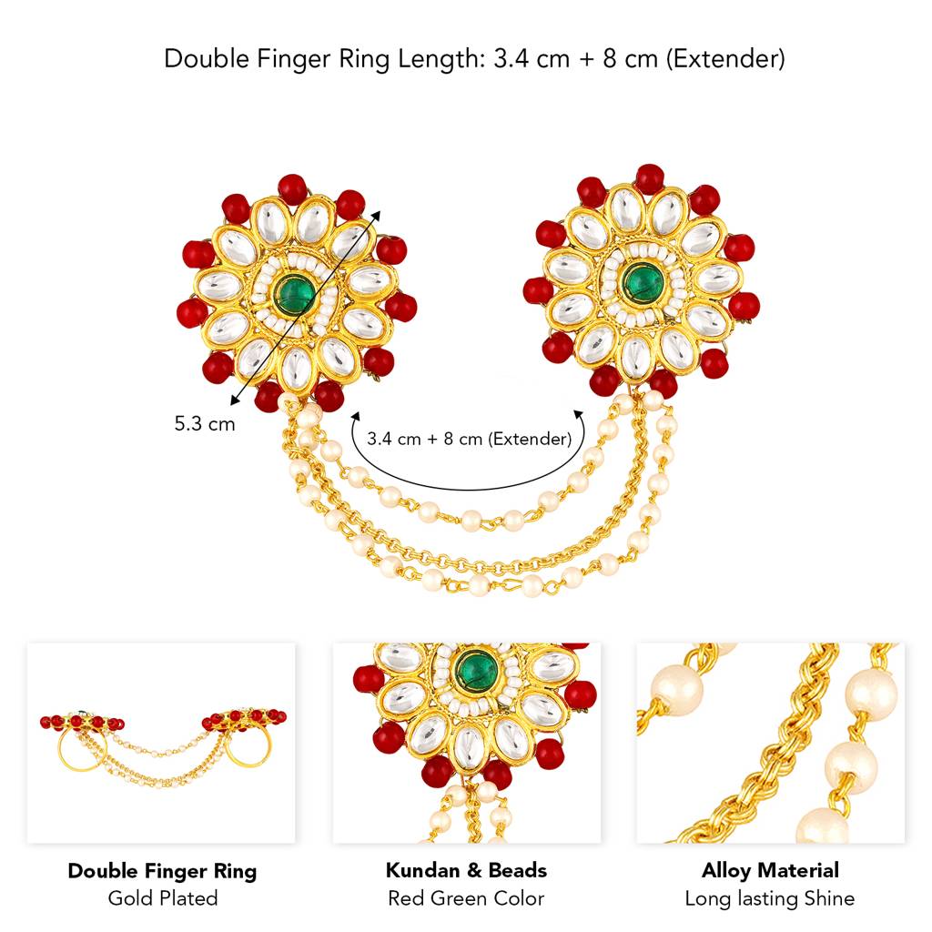 Gold Plated Red Green Kundan & Beads Studded Adjustable Twin Finger Ring Fashion Ethnic Jewellery For Women : PF104R10RG