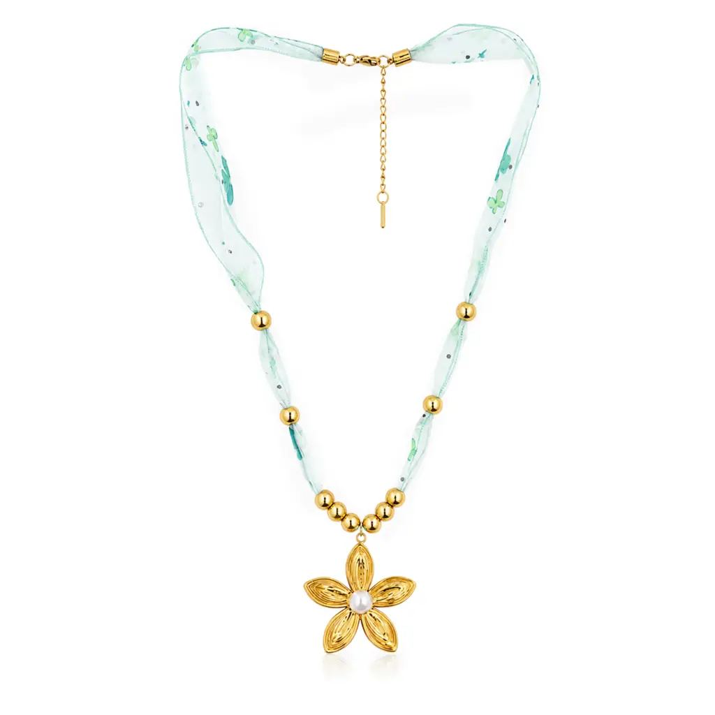 Filigree Flower Pearl Ribbon Necklace | 18K Gold Plated | Mint Green Ribbon : TWLK-NKLC-WMNS-FILIGFLWRPRLRIB-GLD-PK1