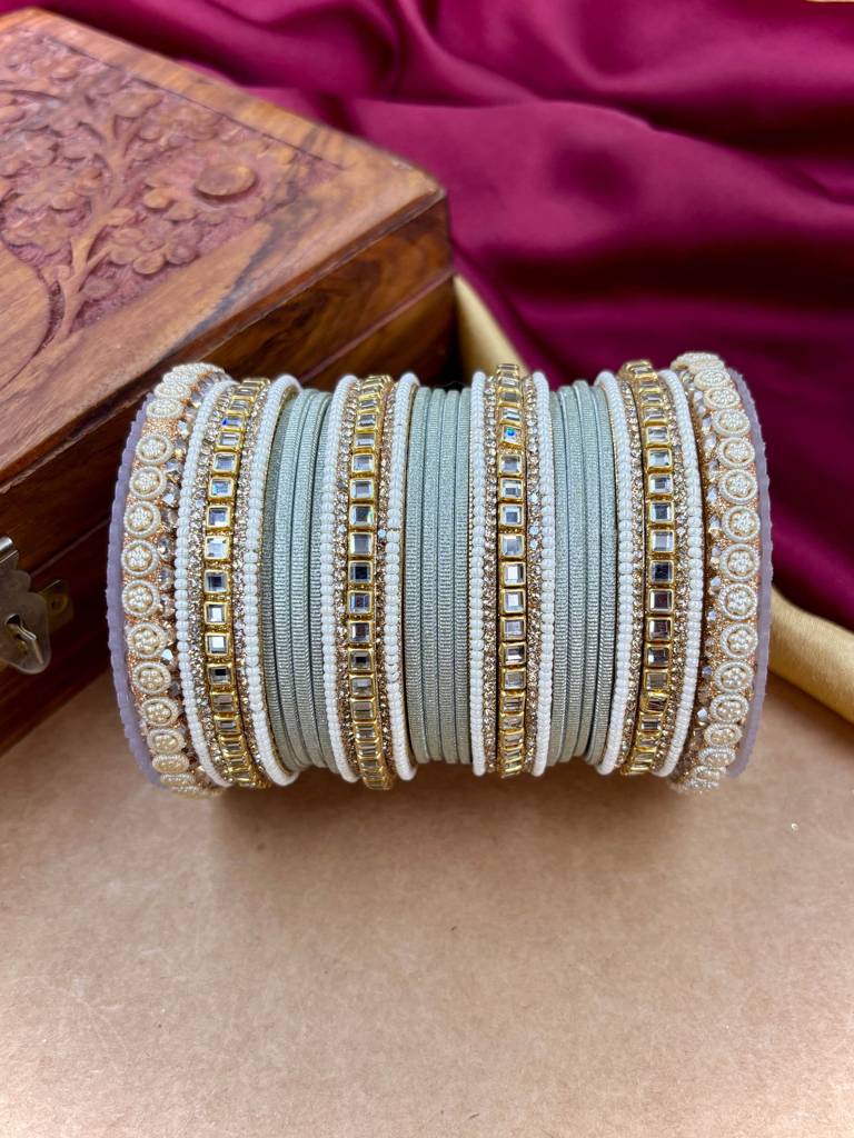 Traditional Kundan Bangles : HB-68-24-PISTAGREY