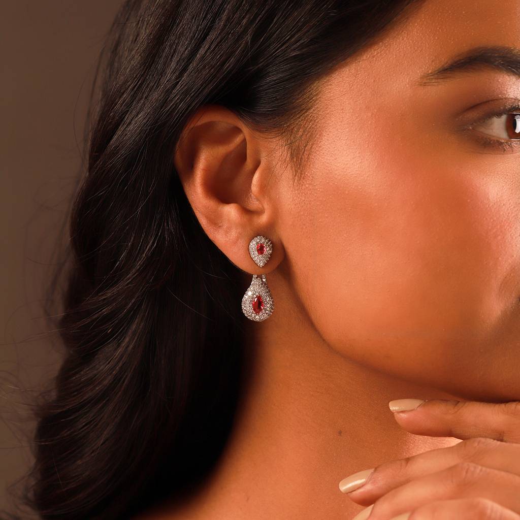 Sparkling Elegance Ruby Luxe Interchangeable American Diamond Jacket Earrings : 8905124553574