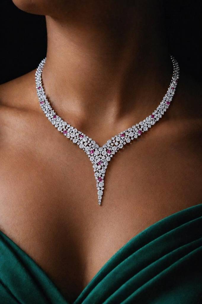 Premium Classic Ruby Cocktail Necklace Set For Women With Statement Earrings : 500071