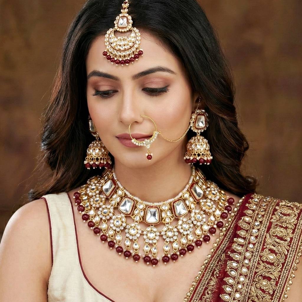 18 Kt Gold Plated Bridal & Semi-Bridal Necklace Set With Earrings, Maang Tikka & Nath : 2476-M8SK-1101-M