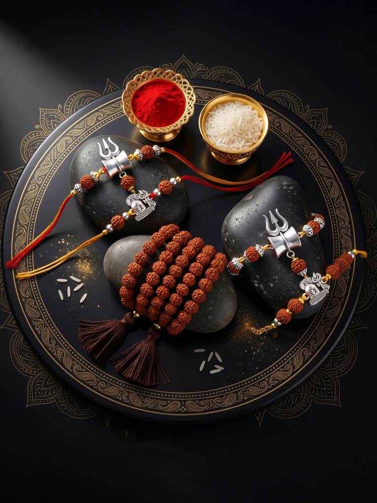 Set Of 5 Rudraksha & Silver Trishul Rakhi Set: Shiva-Themed, Metallic Accents, Roli, Chawal & Card (718 : 718-JPR1-1994-5-2026