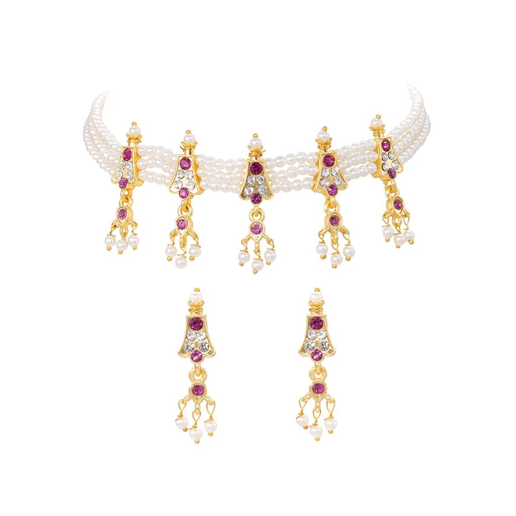 Gold Plated White Rani Pink Necklace Earrings Set Jewellery For Women | Traditional Festive & Bridal Jewellery, An : PF04N70RP