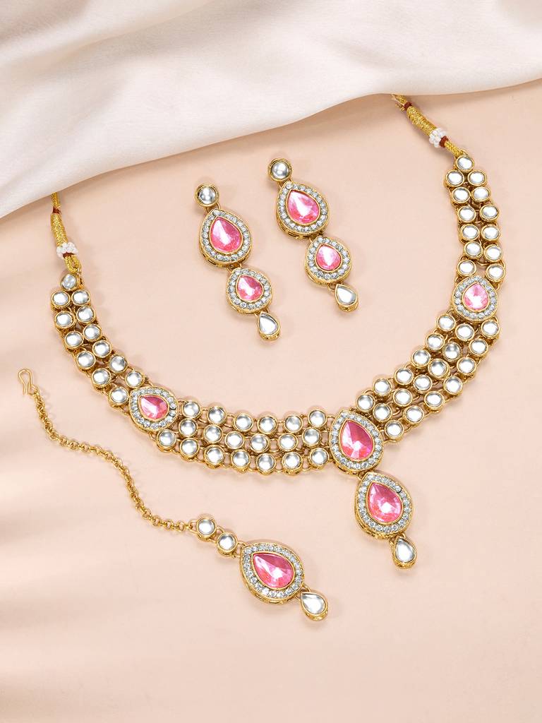 Peora Gold Plated Traditional Kundan Studded Long Necklace Jewellery Set With Earring Maang Tikka For Women Girls : PF25N009PK