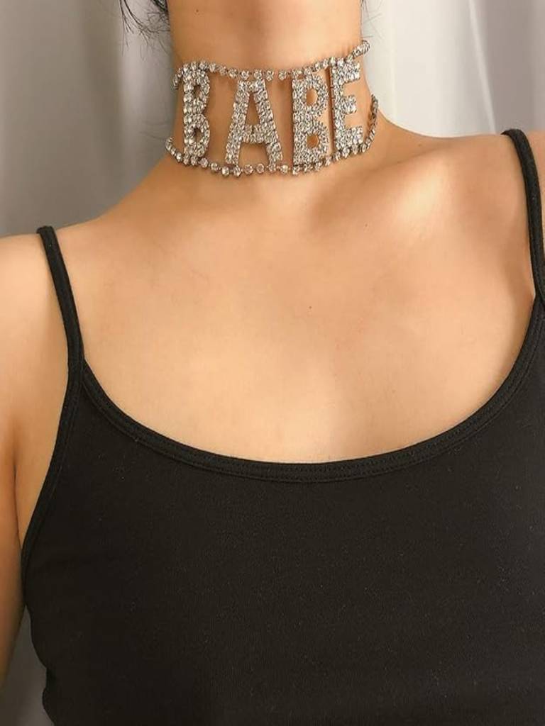 Gold-Toned Rhinestones Studded Babe Party Choker Necklace : ASX0421N345