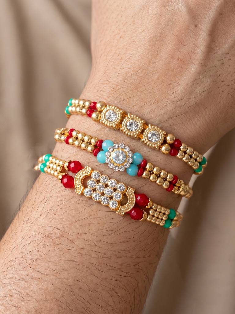 Lucky Jewellery Set Of 3 Rakhi With Small Crystal Centerpieces, Gold-Tone & Colored Beads, Roli Chawal & Card : 48-S7R1-2312-3