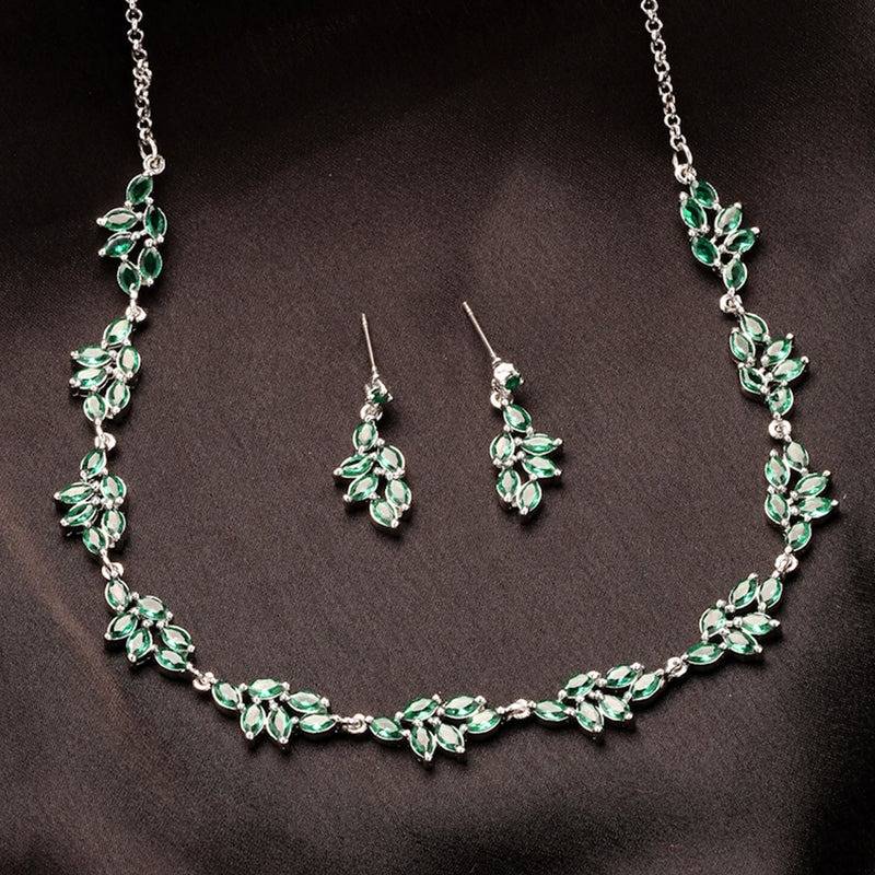Exquisite Rhodium Plated Green American Diamond Floral Vine Necklace Set –– Signature Featherlight Jewelry F : AD-853-IRGNNKER