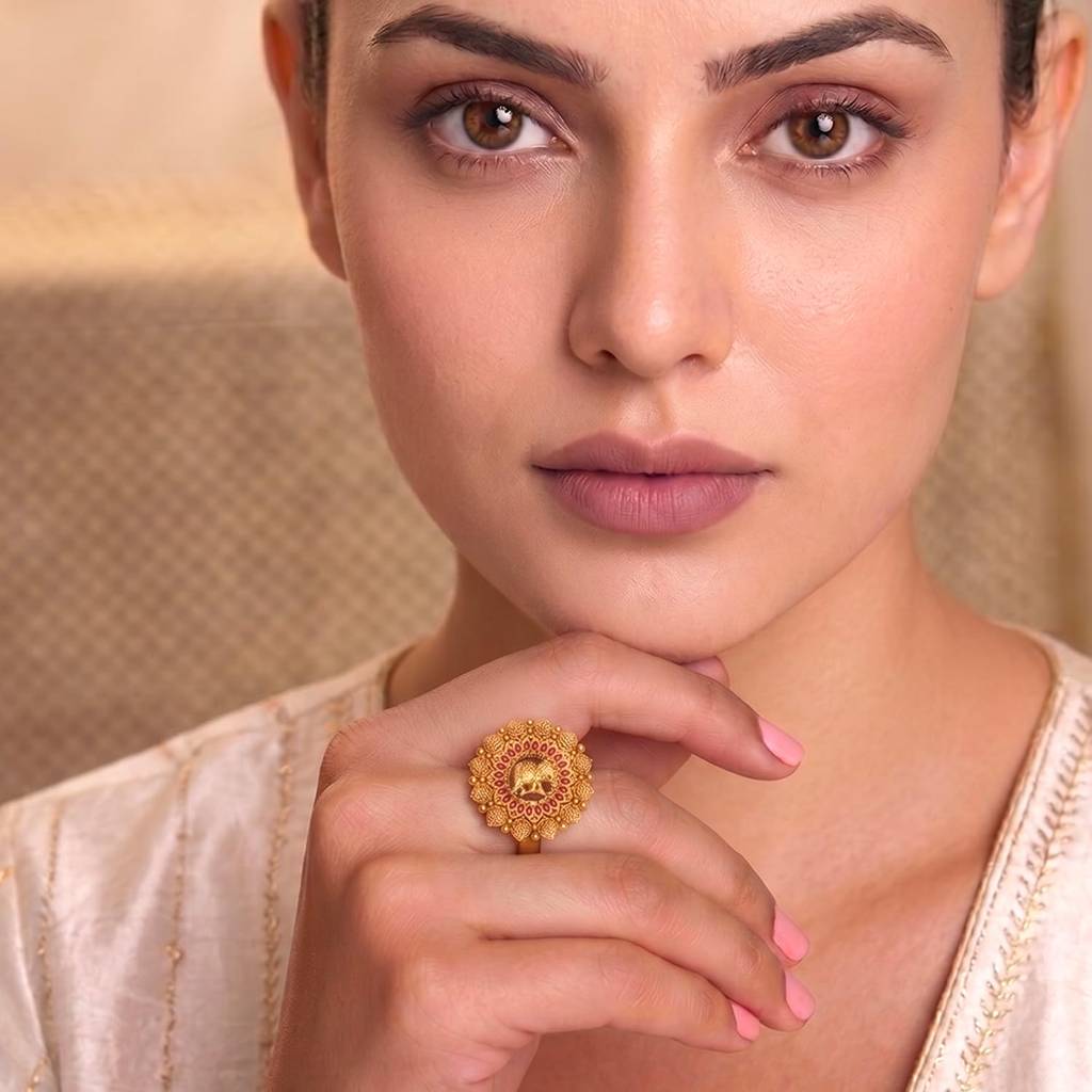 Ethnic Gold Plated Rani Pink Adjustable Finger Ring For Women : PF04R02RP