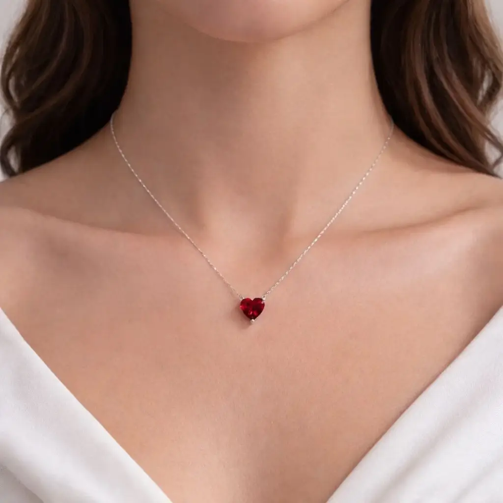 Red Heart Solitaire Semi Silver Pendant Necklace : HERT-RED-10-SM-G-C