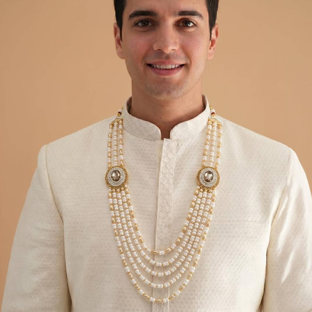 Champagne White Multi Layer Shervani Haar Necklace Men'S Jewellery : PF31MN11LCT