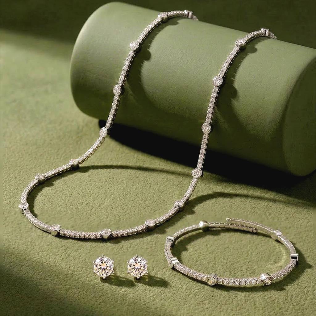 White Stylish Necklace Earrings Bracelet Set For Women Silver Plated Cz & Crystals Studded Festive Fancy Design Jew : PX9N203W