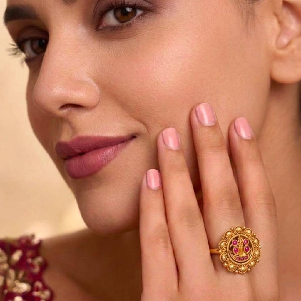 Gold Plated Rani Pink Adjustable Ethnic Finger Ring For Women : PF04R03RP
