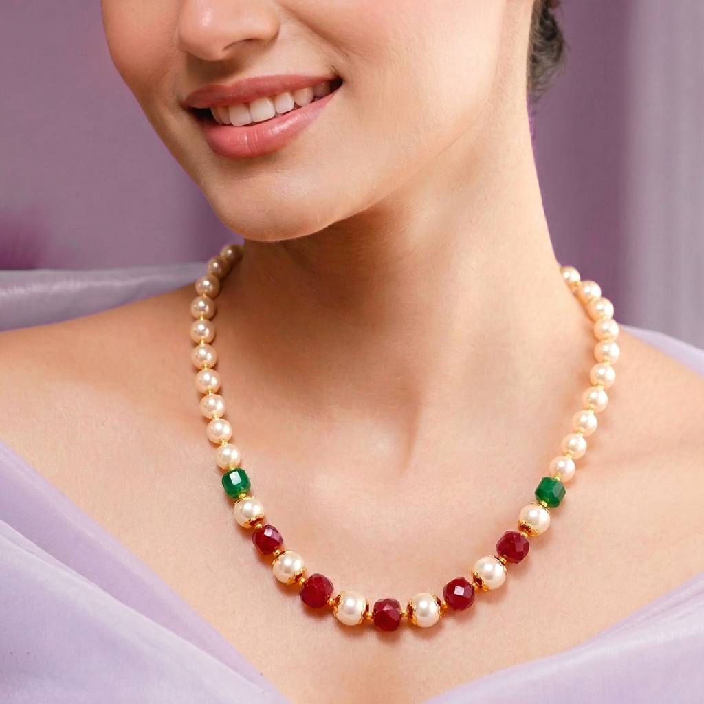 Ethnic Red & Green Beads Mala Necklace For Women & Girls Gold Plated Pearl & Crystals Studded Traditional Festive : PF10ML31RG