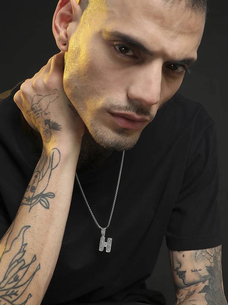 Men'S Embellished Alphabet Pendant Necklace - Silver : FANC1071-H