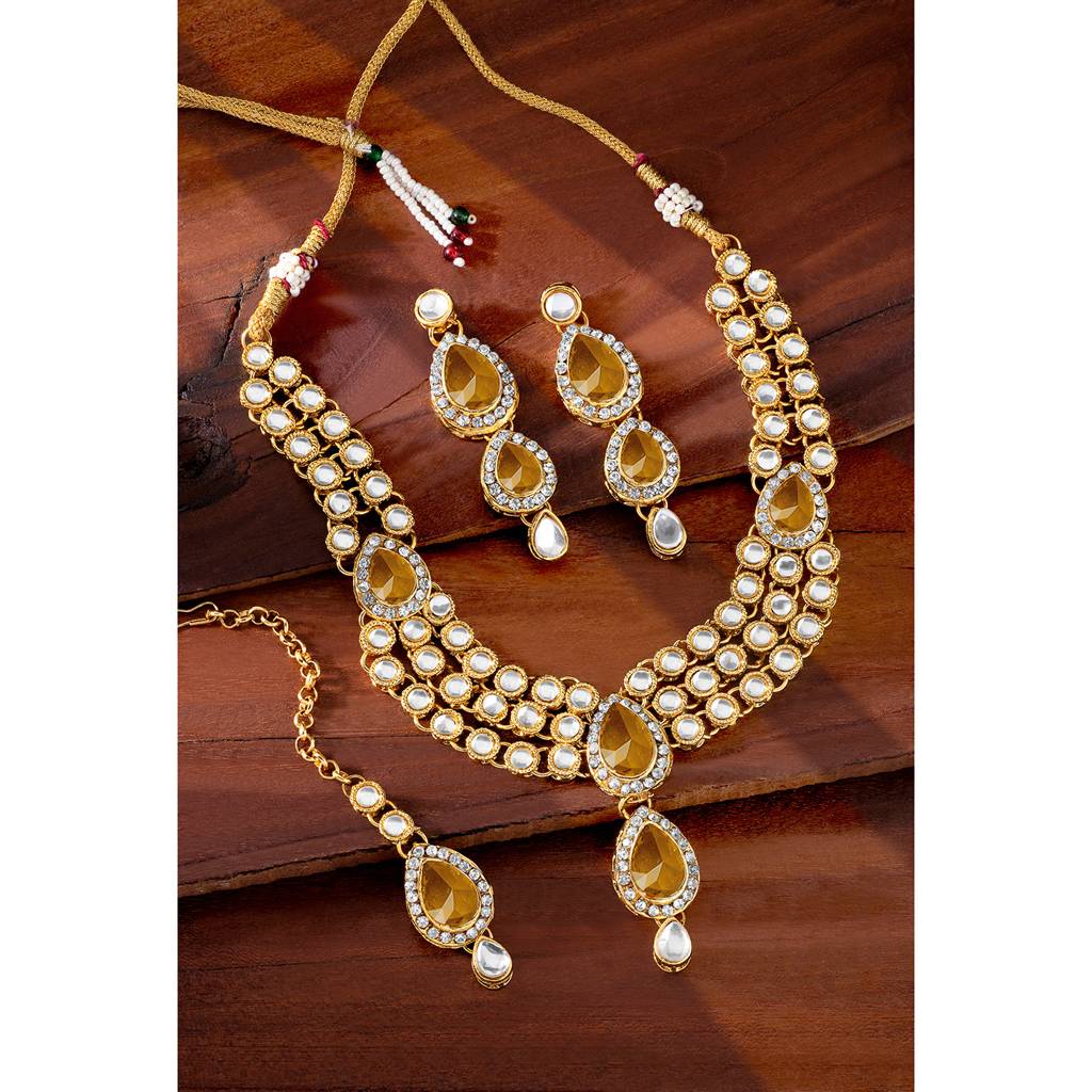 Peora Gold Plated Traditional Kundan Studded Long Necklace Jewellery Set With Earring Maang Tikka For Women Girls : PF25N009LCT