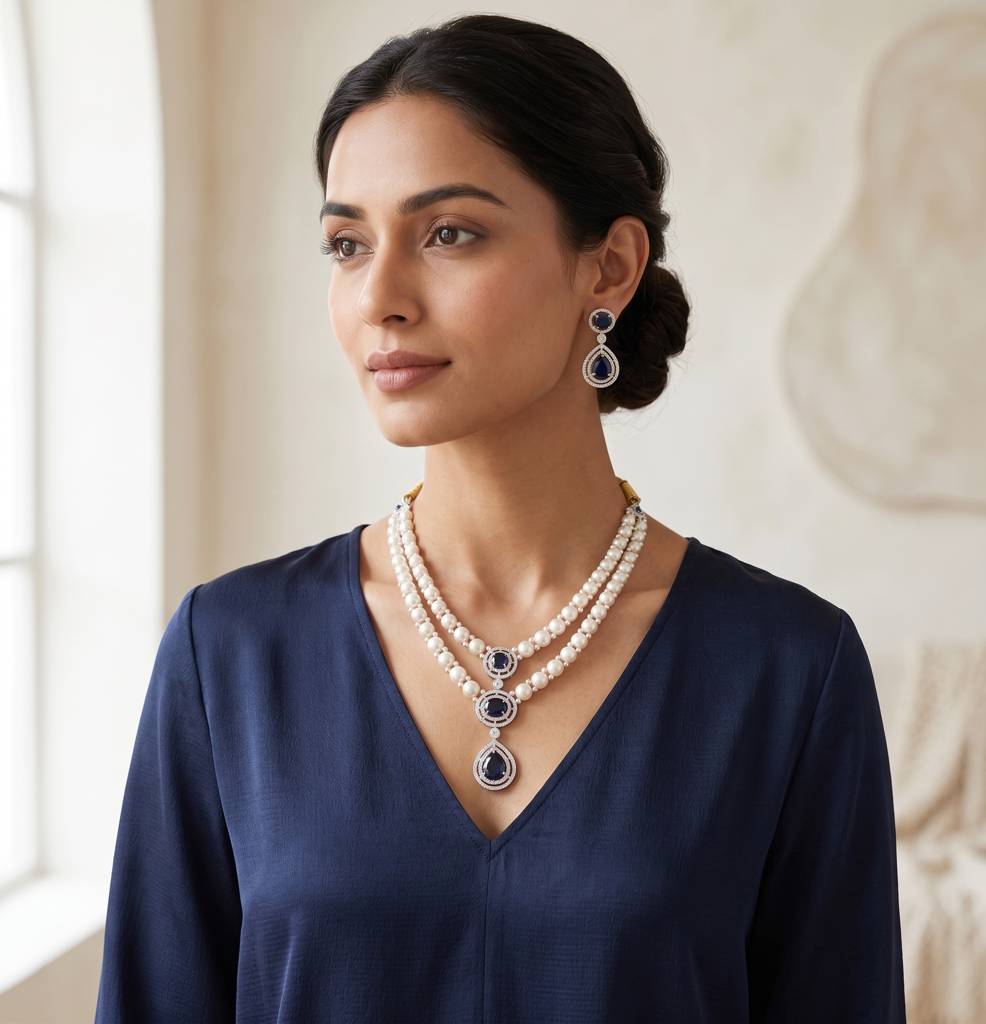 Double Strand Pearl Pendant Necklace Set : JPAPR-26-008
