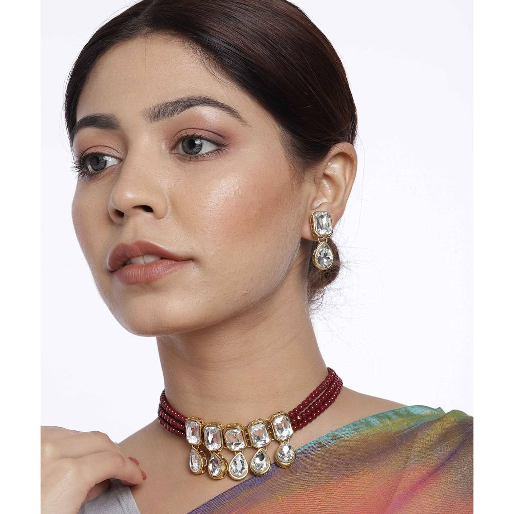 Crystal Pearl Traditional Ethnic Bridal Choker Necklace With Earrings Jewellery Set For Women Girls : PF24N2905M