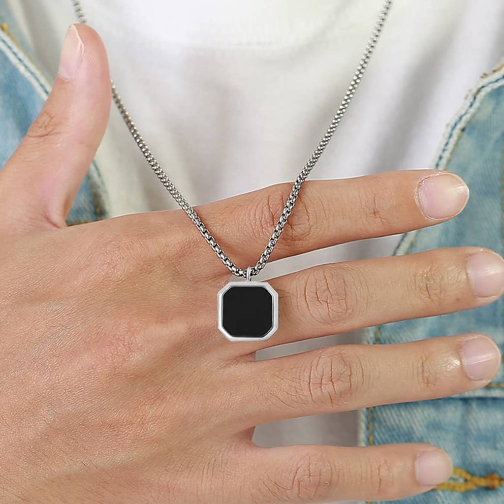Silver Plated Black Hexagon Shape Pendant Chain Necklace Fashion Casual Jewellery For Men, Gifts For Men : PX9P52