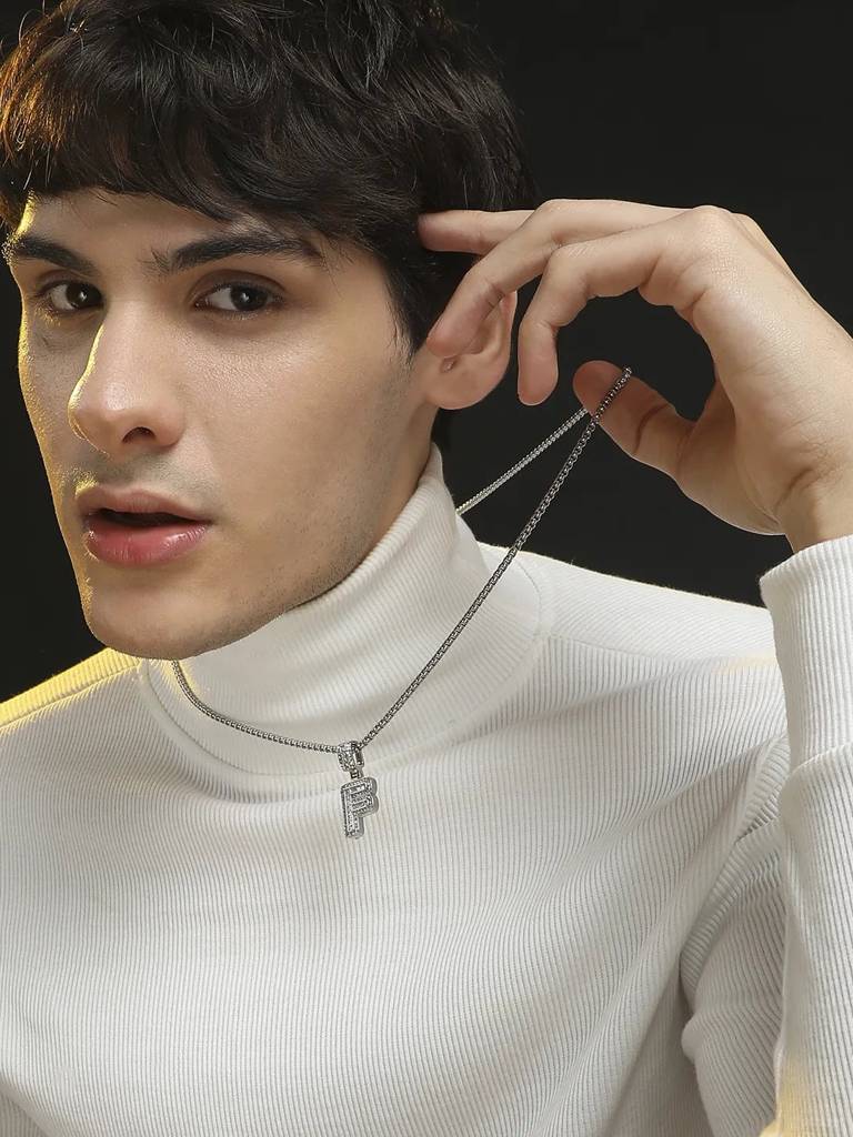 Men'S Embellished Alphabet Pendant Necklace - Silver : FANC1071-F