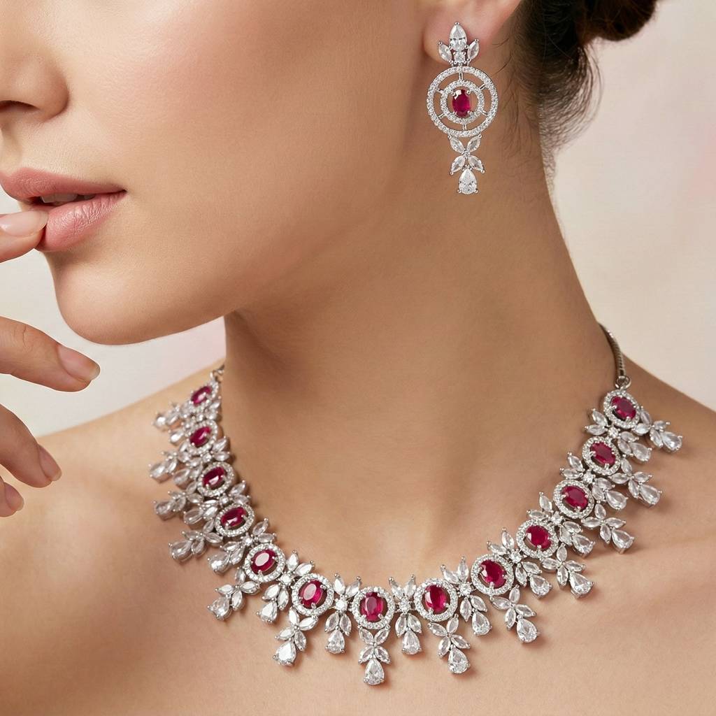 Silver-Tone American Diamond Necklace Set With Earrings For Women – Office, Party & Wedding Wear : 1717-K4SA-2242-R-S