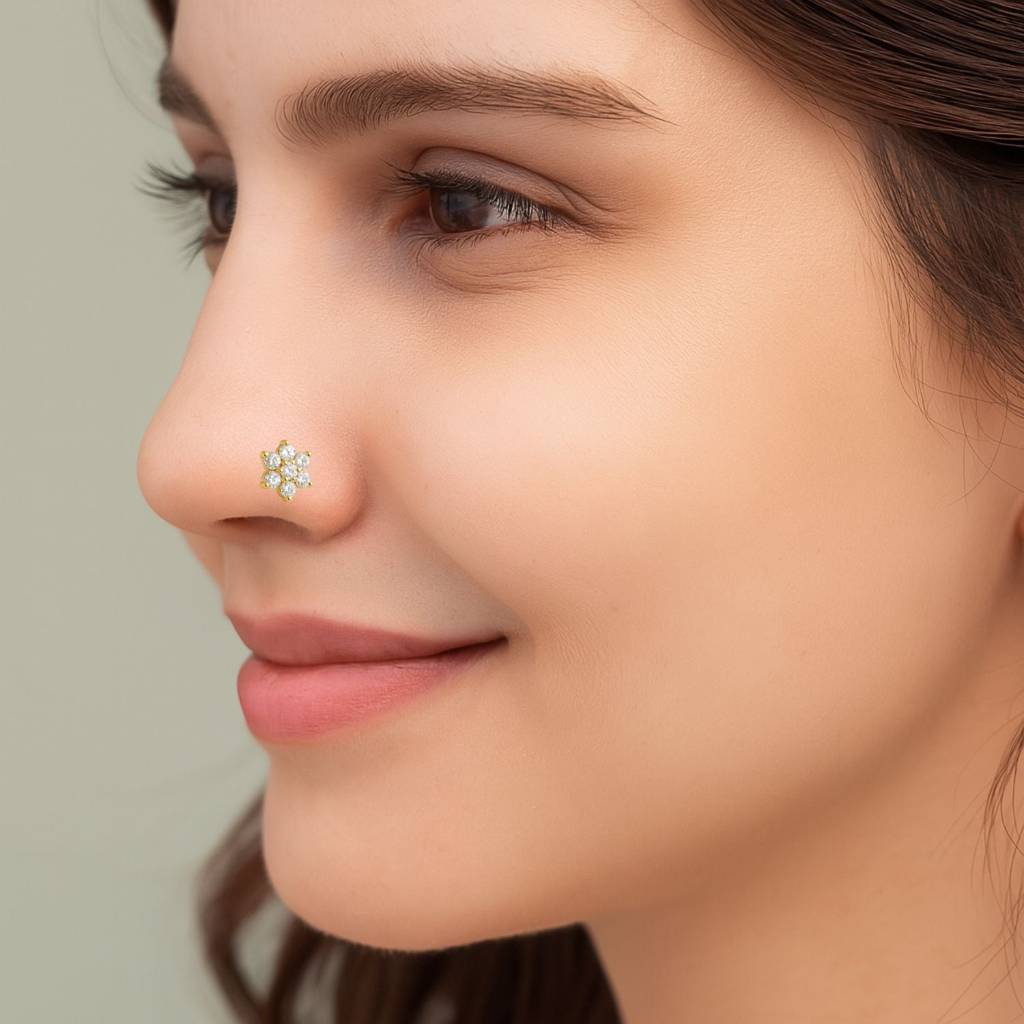 White Cz Round Six-Petal Floral Nose Pin 925 Sterling Silver Gold Plated : NP-0018-N-1-snp-0039