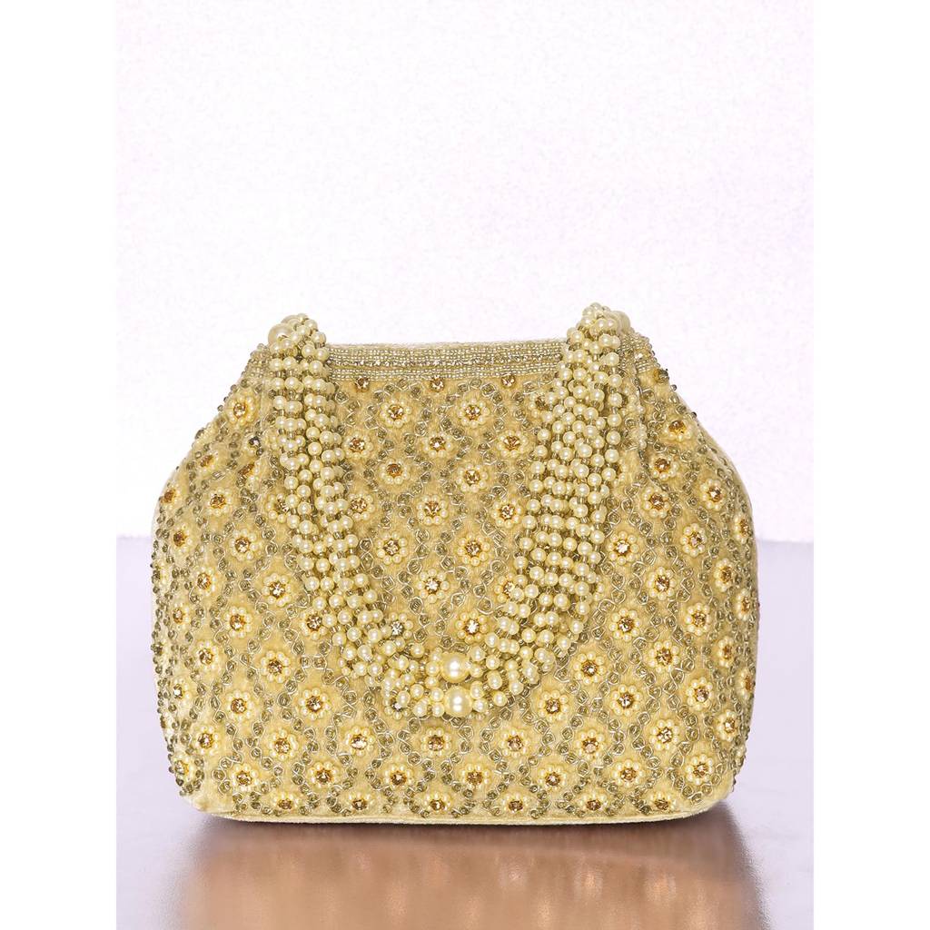Floral Potli Purses For Women Handmade Evening Handbag Stylish Bridal Fashion Wristlet Bag For Girls : P201G-F