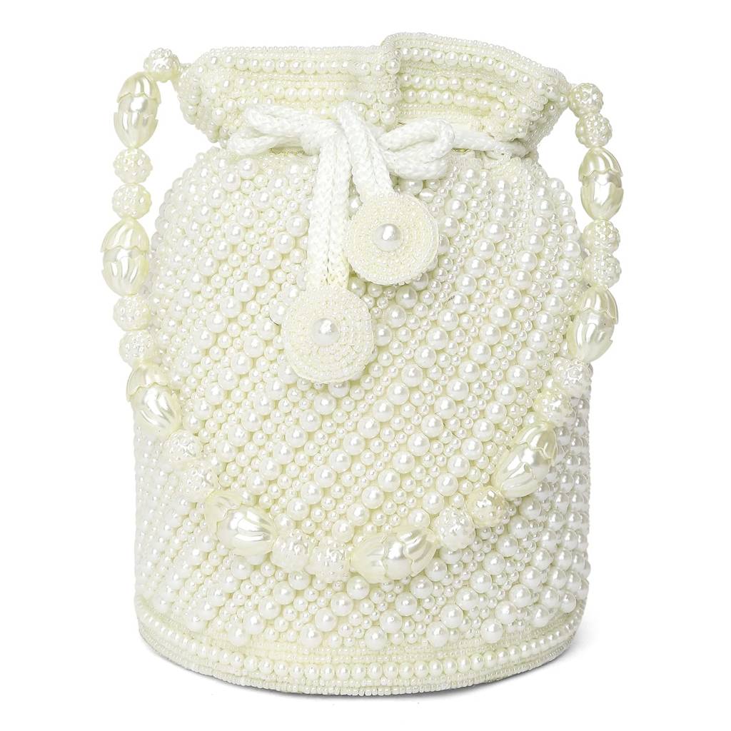White Potli Bag For Women Handmade Evening Wristlet Handbags Stylish Bridal Purse Fashion Bag Gift For Girls (P116W) : P116W